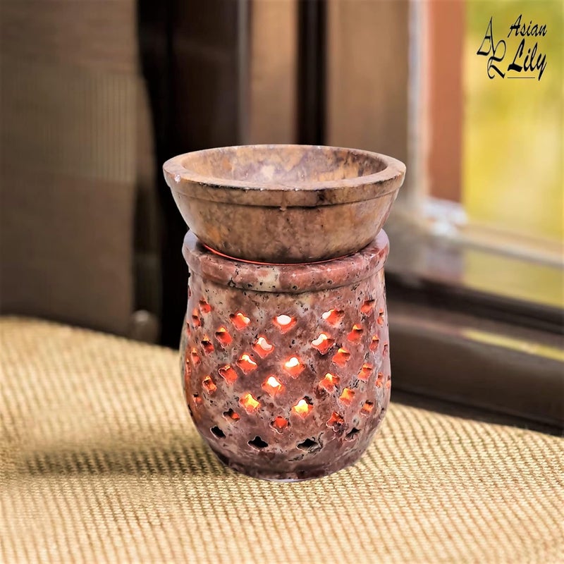AL Asian Lily AL Asian Lily Natural Color SoapstoneMarble Aroma Oil Diffuser Beautifully Hand Carved for Home Decor 3 25 Inches with 2 T lite Candles Gifting for Navratri Diwali Dussehra Festivals - Image 2