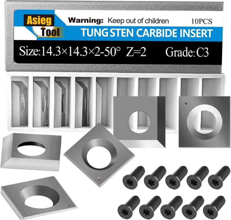 Asieg Tool 14.3x14.3x2.0-50° Carbide Inserts Cutters Knives 2 Cutting Edges for Cutech Tool Planer Jointer 40700H-CT 4700HC-CT 40100H-CT 40600H-80100-CT 40200H-CT 40600HC-80100-CT 40200HC-CT Head 10pc - Image 1
