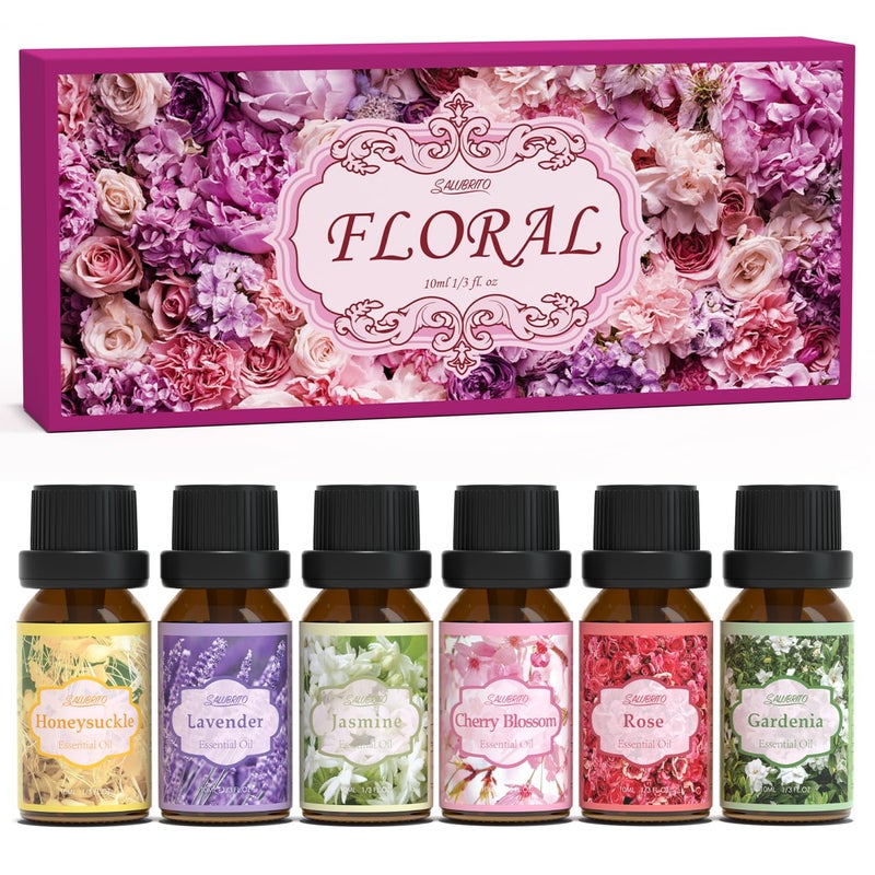 SALUBRITO Floral Fragrance Oils Set, Essential Oils for Diffuser & Candle Making Scents, 6x10ml Aromatherapy Oils Gift Set - Jasmine, Lavender, Rose, Gardenia, Cherry Blossom, Honeysuckle Oil - Image 1