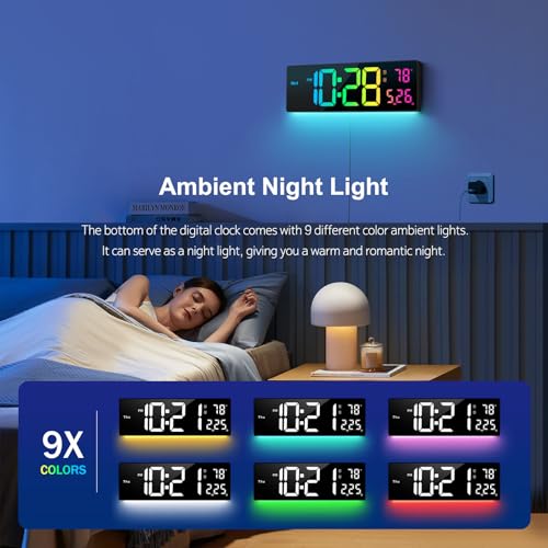 Hournor Digital Wall Clock 16", Wall Clocks with 11 RGB Colors, Alarm Clock with Night Lights, Large Digital Clock for Living Room Bedroom Office Classroom Decor, Auto DST, Temperature, Remote Control - Image 3