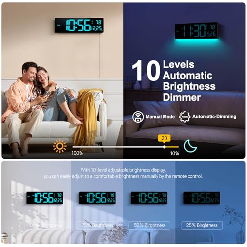 Hournor Digital Wall Clock 16", Wall Clocks with 11 RGB Colors, Alarm Clock with Night Lights, Large Digital Clock for Living Room Bedroom Office Classroom Decor, Auto DST, Temperature, Remote Control - Image 4