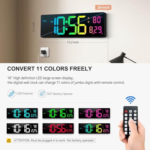 Hournor Digital Wall Clock 16", Wall Clocks with 11 RGB Colors, Alarm Clock with Night Lights, Large Digital Clock for Living Room Bedroom Office Classroom Decor, Auto DST, Temperature, Remote Control - Image 2