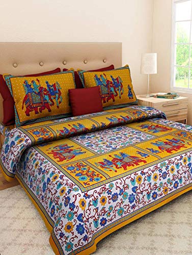 Meejoya 100% Cotton Rajasthani Jaipuri Traditional Floral King Size Double Bedsheet with 2 Pillow Covers (Yellow) - Image 3