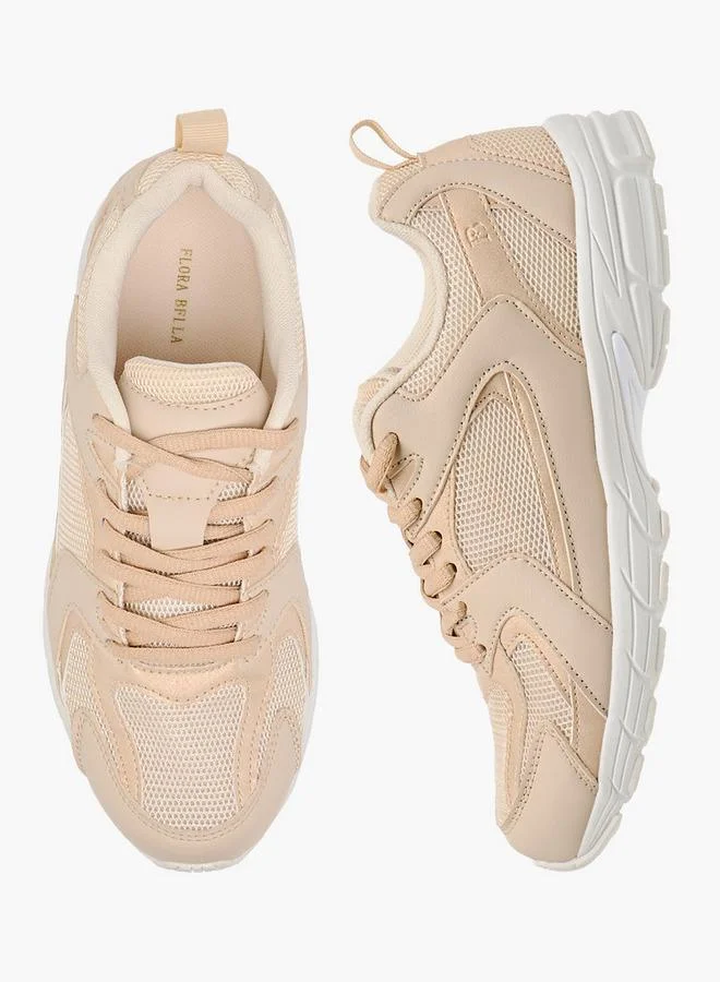 Flora Bella By Shoexpress BEIGE Women's Panelled Sneakers with Lace-Up Closure for Women | Best Price UAE