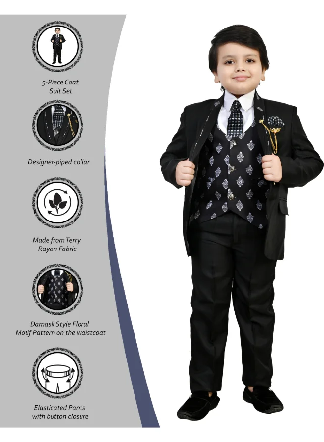 BT DEZINES Boys Black Floral Damask Suit Set