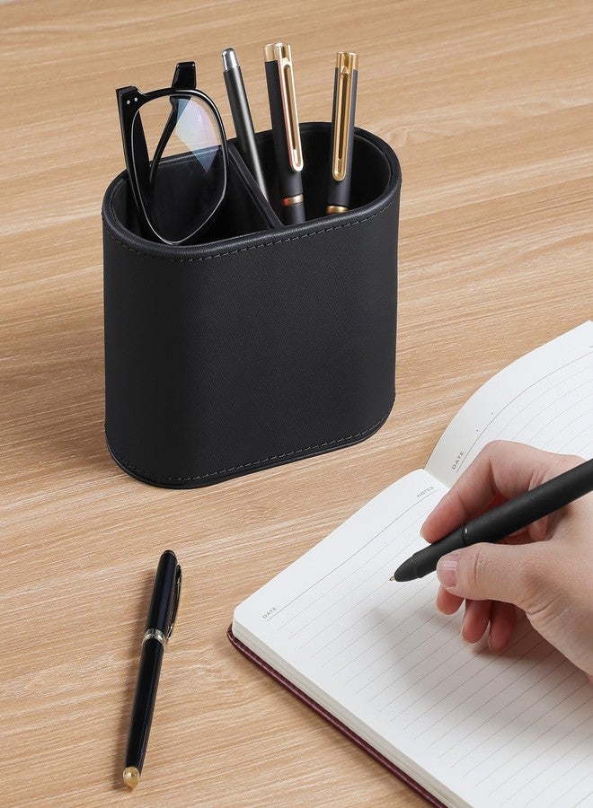 MEIBOOCH PU Leather Pen Holder for Desk, Small Remote Control Holder Pencil Cup Multifunctional Desktop Organizer Caddy for Home School Office Desk Accessories - 2 Compartments (Black) - Image 2