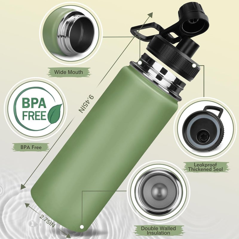 زجاجة ماء من الفولاذ المقاوم للصدأ، 500 مل/18 أونصة، خالية من BPA، مزدوجة الجدران، تحتفظ بالحرارة لمدة 8 ساعات والبرودة لمدة 18 ساعة، مانعة للتسرب، زجاجات مفرغة من الهواء معزولة حرارياً للاستخدام في المنزل والمكتب والمدرسة (أخضر زيتوني) - Image 5