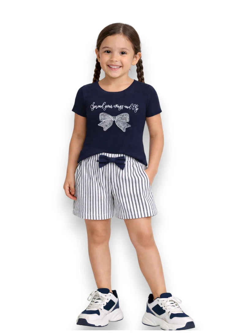 فكتور اند جين Girls’ T-Shirt & Woven Striped Shorts Set