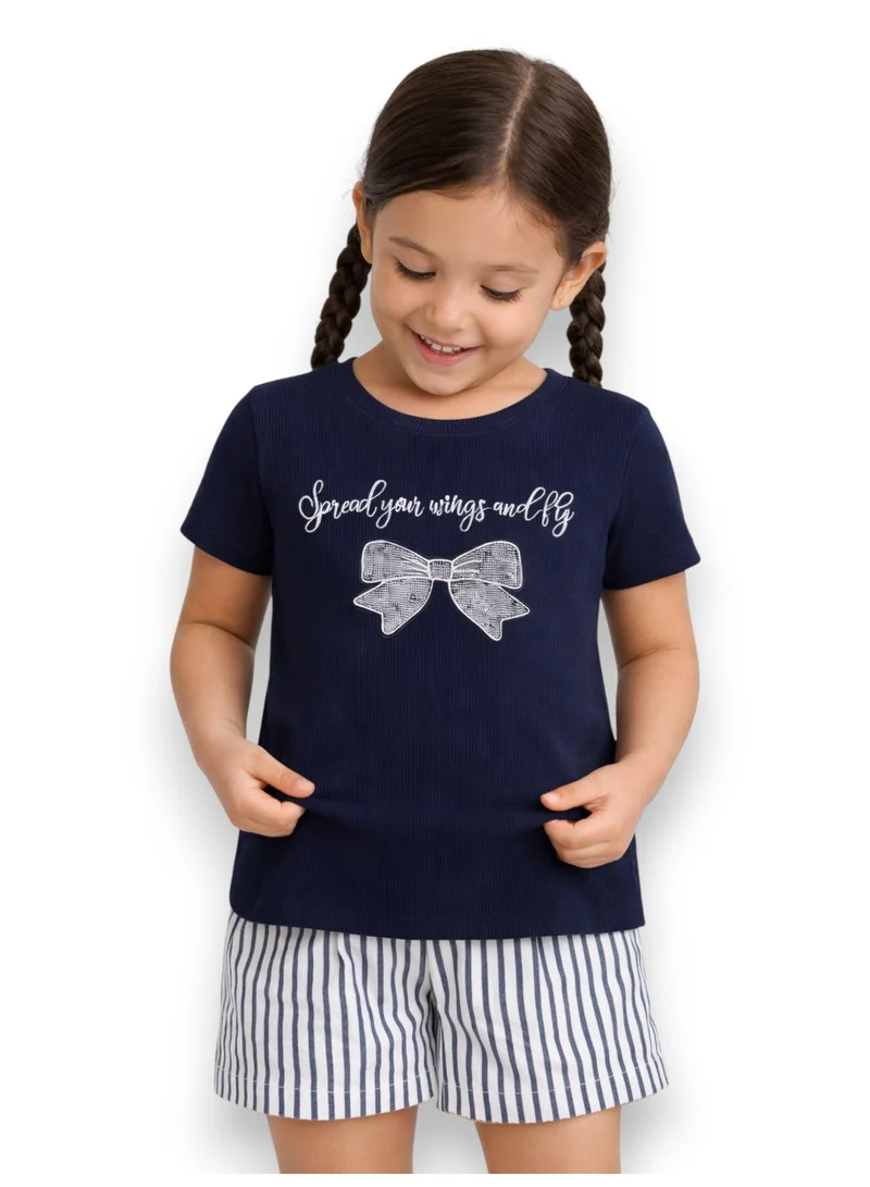فكتور اند جين Girls’ T-Shirt & Woven Striped Shorts Set