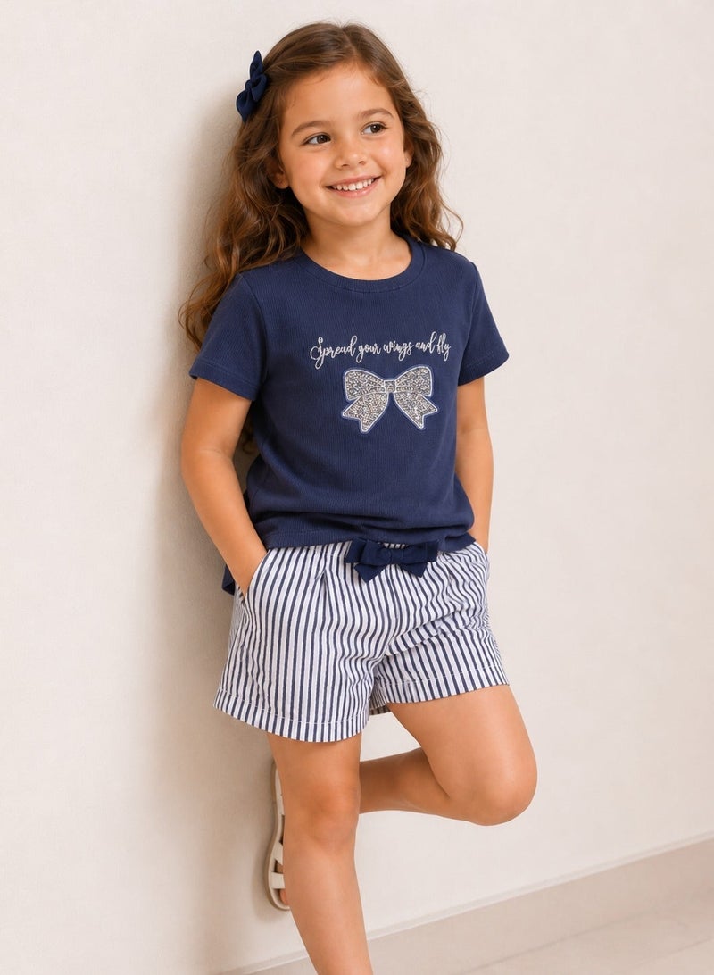 victor and jane Girls’ T-Shirt & Woven Striped Shorts Set - Image 1