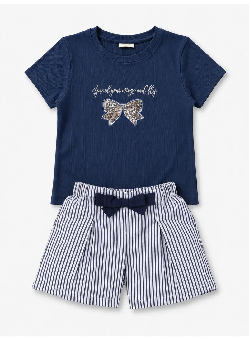 فكتور اند جين Girls’ T-Shirt & Woven Striped Shorts Set