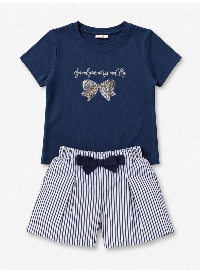 victor and jane Girls’ T-Shirt & Woven Striped Shorts Set - Image 2