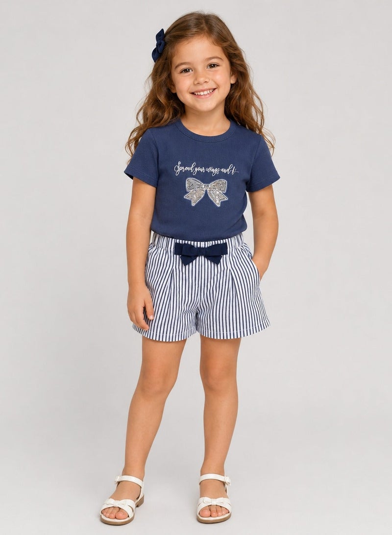 victor and jane Girls’ T-Shirt & Woven Striped Shorts Set - Image 4