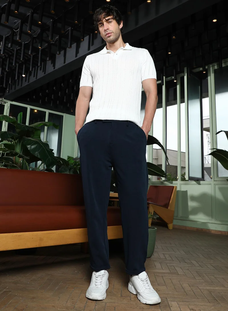 CAHOOT  Men Pleated Cuffed Trousers | Mid-Rise, Tailored-Fit | Button Closure, Cuffed-Straight Hem | Solid Plain Woven Fabric For Casual & Daily Wear | Navy Blue for Men | Best Price UAE