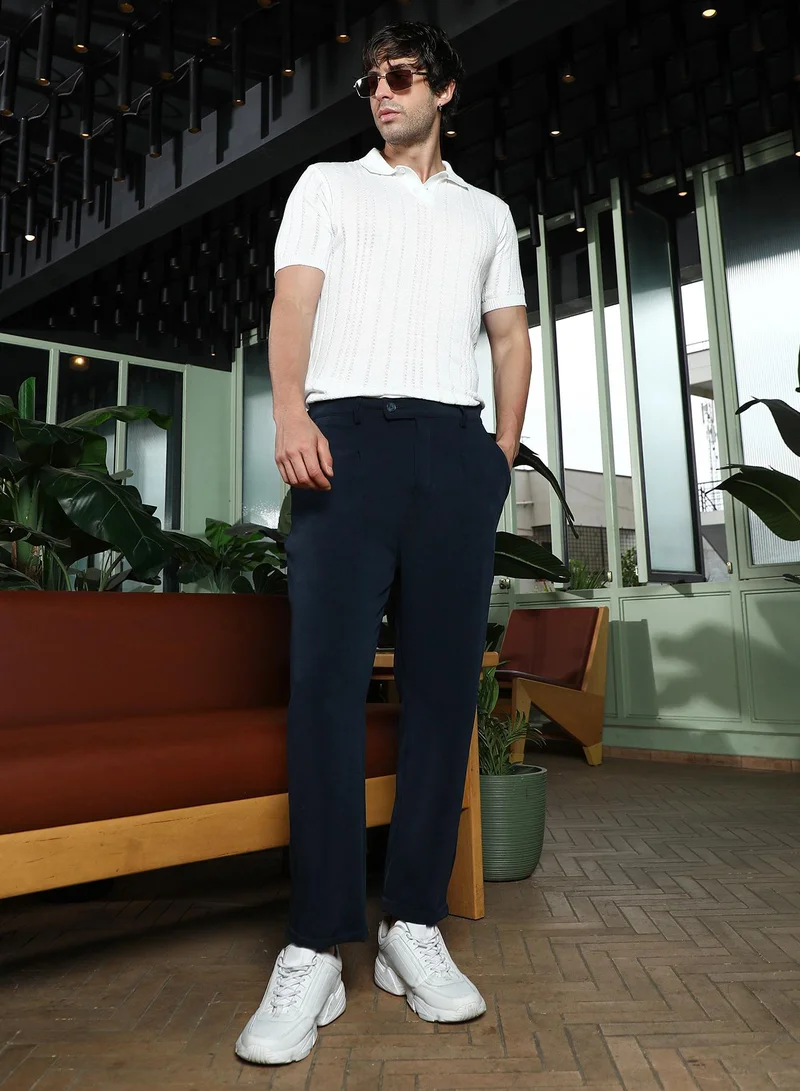 CAHOOT  Men Pleated Cuffed Trousers | Mid-Rise, Tailored-Fit | Button Closure, Cuffed-Straight Hem | Solid Plain Woven Fabric For Casual & Daily Wear | Navy Blue for Men | Best Price UAE