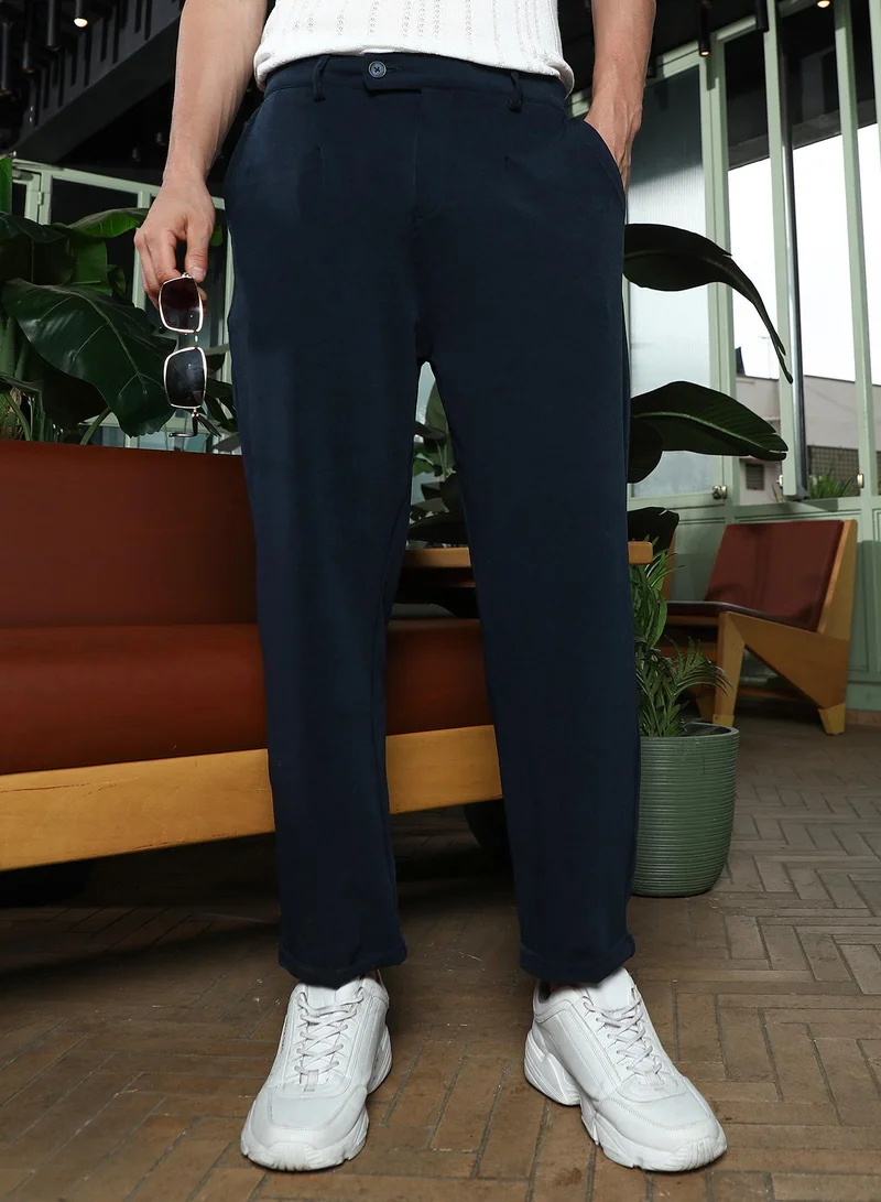 كامبوس سوترا Men Pleated Cuffed Trousers | Mid-Rise, Tailored-Fit | Button Closure, Cuffed-Straight Hem | Solid Plain Woven Fabric For Casual & Daily Wear | Navy Blue