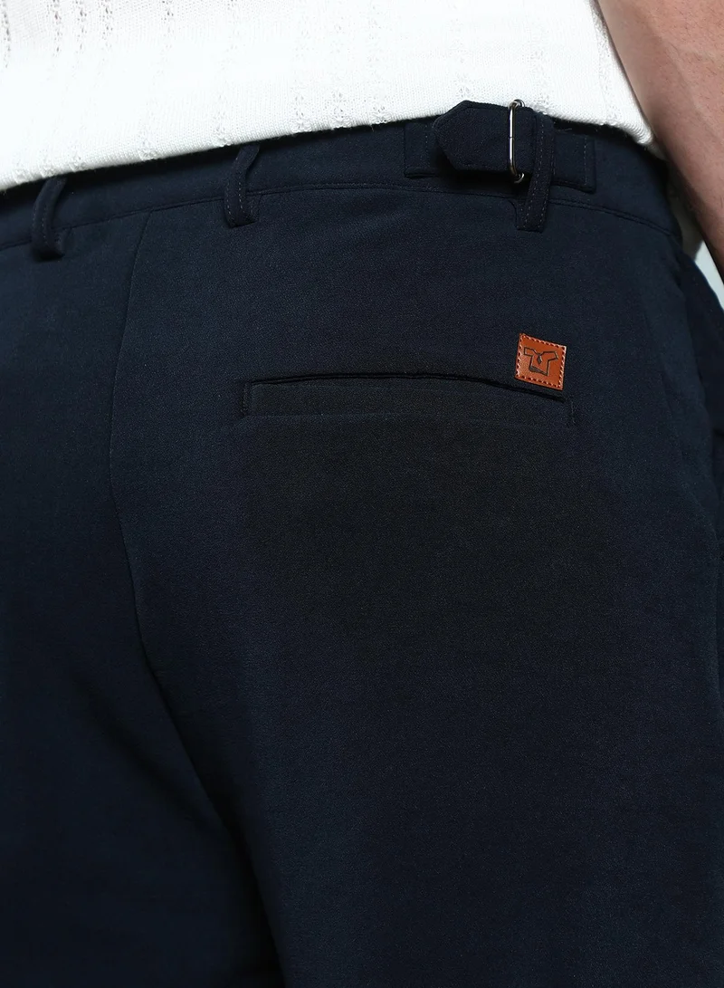 CAHOOT  Men Pleated Cuffed Trousers | Mid-Rise, Tailored-Fit | Button Closure, Cuffed-Straight Hem | Solid Plain Woven Fabric For Casual & Daily Wear | Navy Blue for Men | Best Price UAE