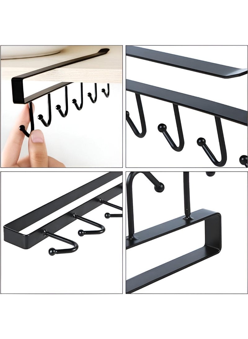 Cup holder that attaches to the bottom of a shelf or kitchen cabinet, containing 6 hooks and a main organizer holder - (Black) - Image 3