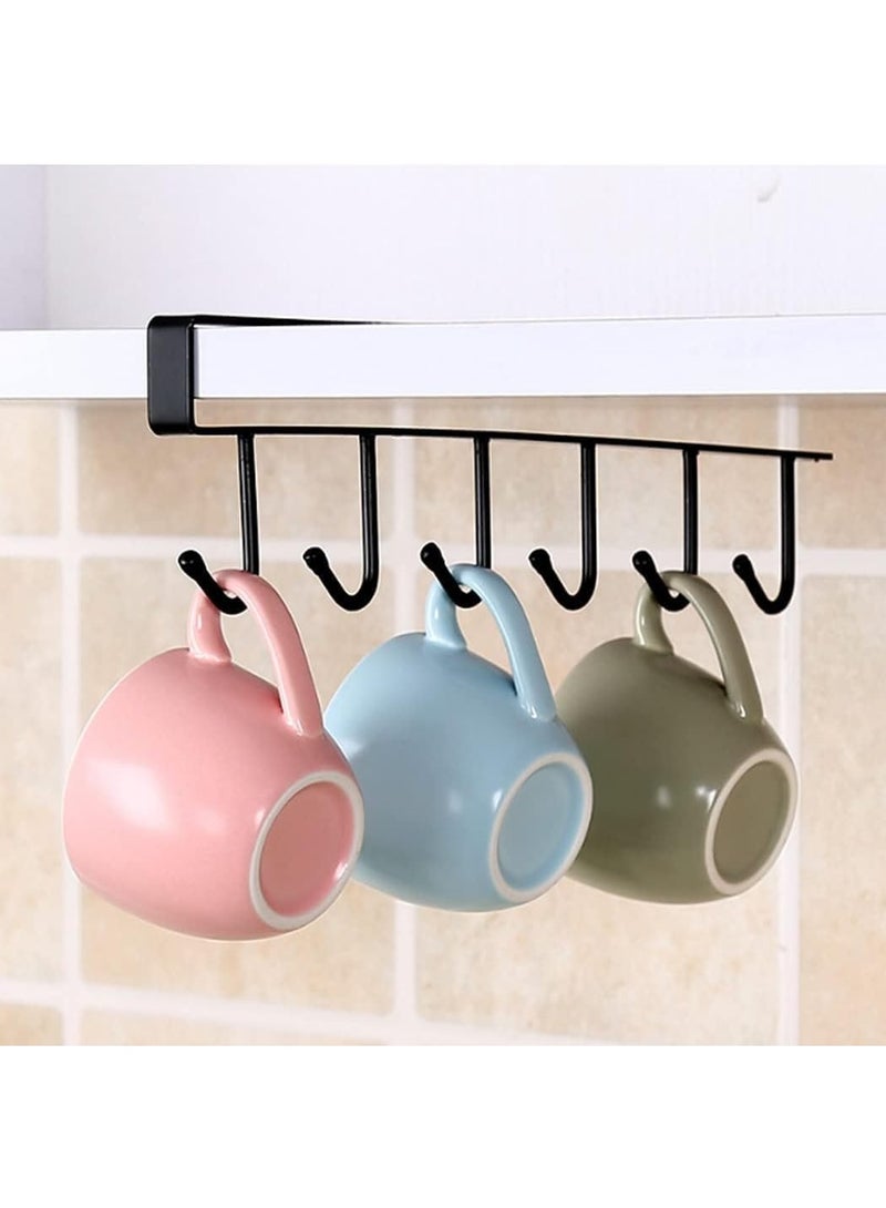 Cup holder that attaches to the bottom of a shelf or kitchen cabinet, containing 6 hooks and a main organizer holder - (Black) - Image 2