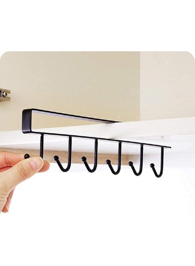 Cup holder that attaches to the bottom of a shelf or kitchen cabinet, containing 6 hooks and a main organizer holder - (Black) - Image 5