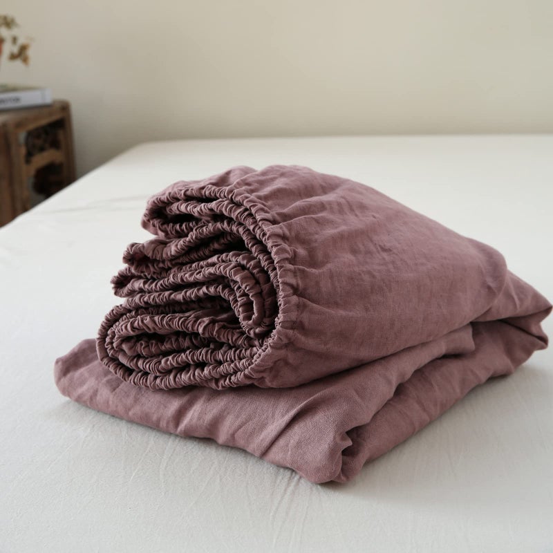 King Linens 100% Linen Fitted Sheet Stone Washed Solid Color - (1 Piece) 14 inch Deep Pocket Mattress Cover Soft Natural Breathable Farmhouse - Purple  Twin Size - Image 1