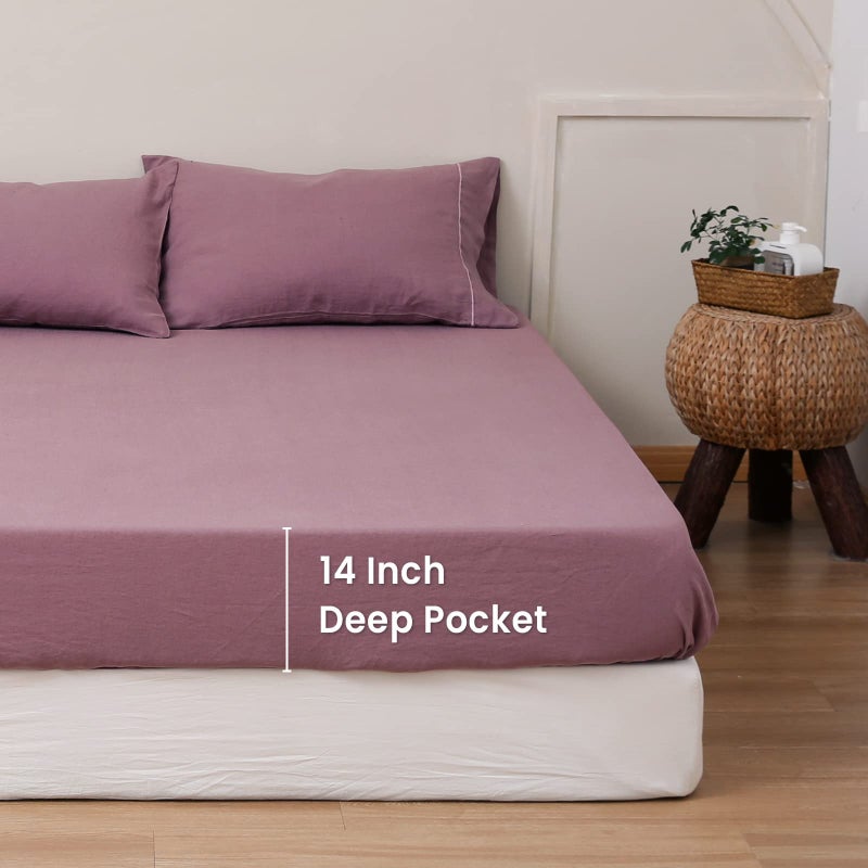 King Linens 100% Linen Fitted Sheet Stone Washed Solid Color - (1 Piece) 14 inch Deep Pocket Mattress Cover Soft Natural Breathable Farmhouse - Purple  Twin Size - Image 4