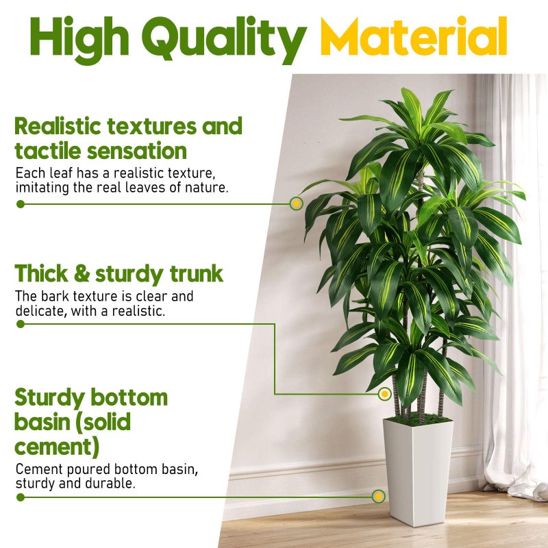 PUUKU Artificial Dracaena Tree Indoor, 6FT Tall Fake Tree with White Tall Planter, Artificial Trees Fake Yucca Potted Tree for Home Office Living Room Decor, Tall Artificial Plant for Housewarming - Image 2