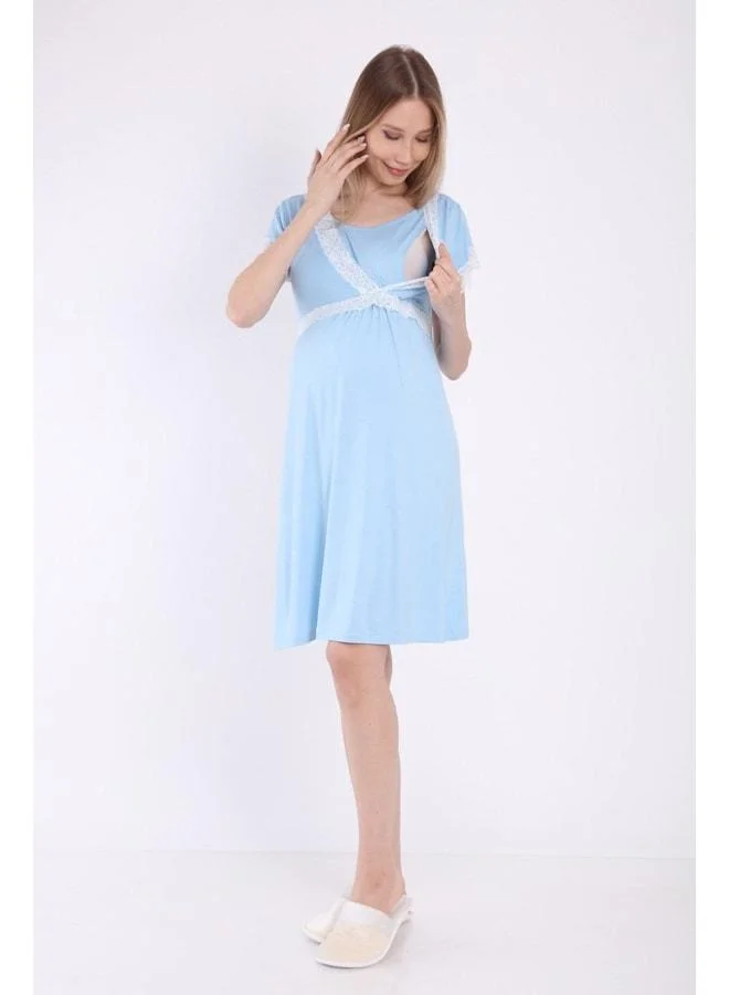 LuvmaBelly Myra9681 Front-Sectioned Lace Maternity Nightgown - Blue.