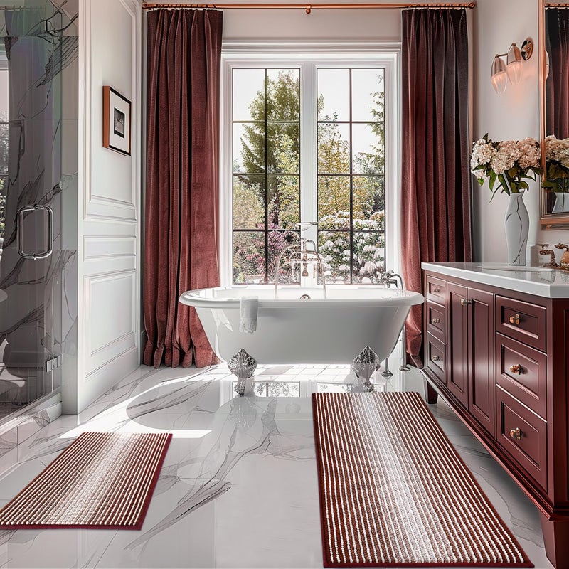 BSICPRO Bathroom Rugs and Mats Sets  2 Piece Thick Absorbent Chenille Bath Mat Rug Set Non Slip  Soft Shaggy Bath Room Floor Mats for Bathroom  Machine Washable (Burgundy Red  20"" x 47"" Plus 16"" x 24"") - Image 1
