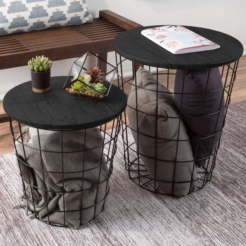 Lavish Home End Tables Set of 2  Nesting Tables with Removable Wood Tops and Metal Basket Bases for Blanket Storage  Round Side Pieces for Living Room Bedroom or Home Office by Lavish Home Black 