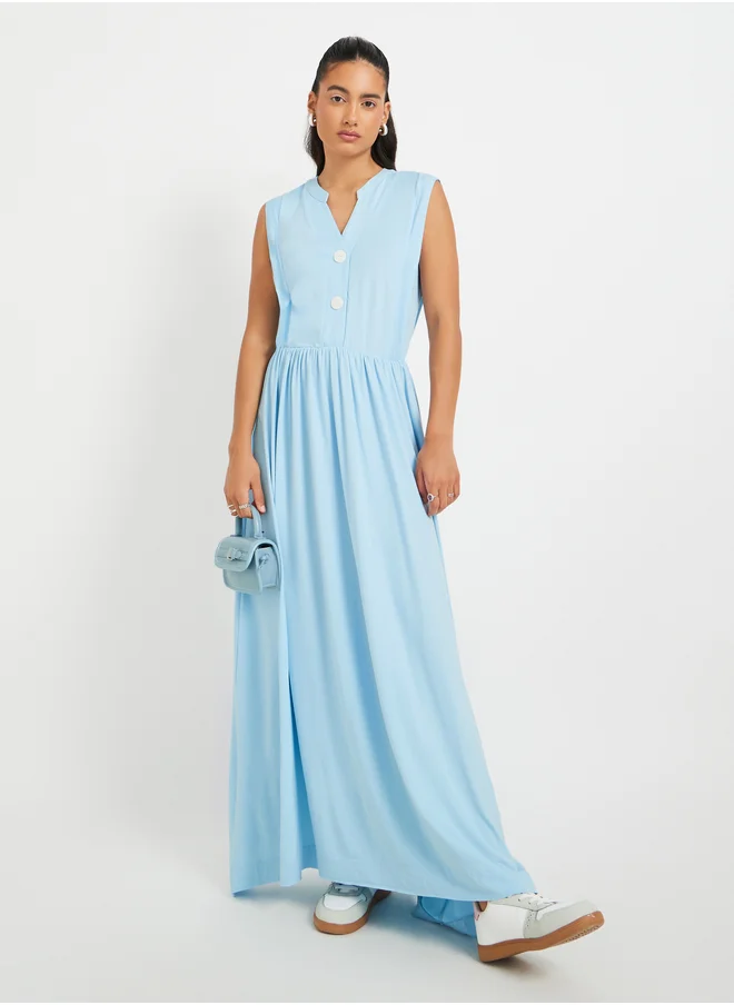Styli Solid V Neck Button Detail A-Line Maxi Dress