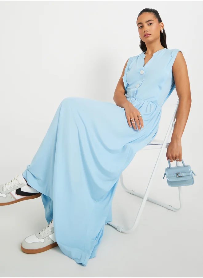 Styli Solid V Neck Button Detail A-Line Maxi Dress