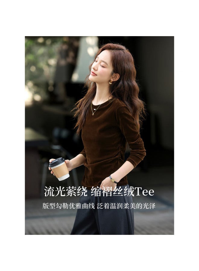 Vimly Round Neck Velvet Knit T-shirt Women Autumn New Slim Fit Base Layer Top Coffee Color M