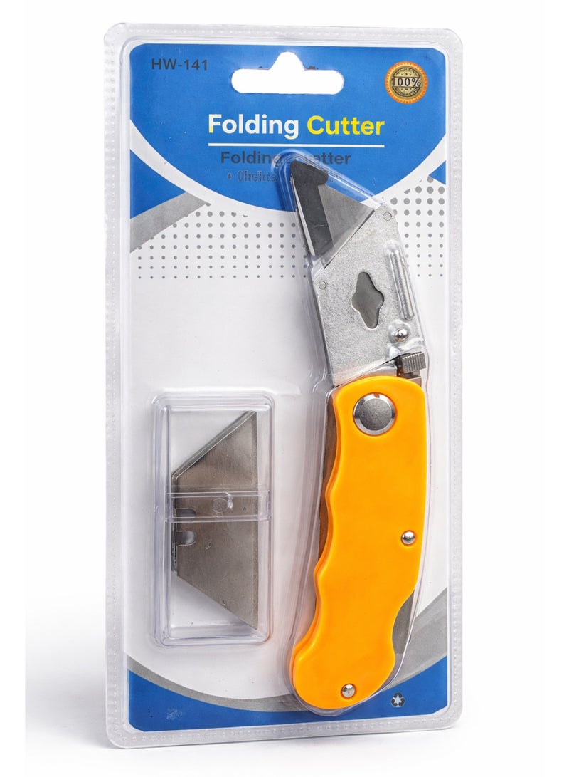 Folding Utility Cutter with 5 Replacement Blades – Heavy Duty Metal Box Cutter Knife with Sharp Blade for Foam Leather Paper Plastic - Image 1