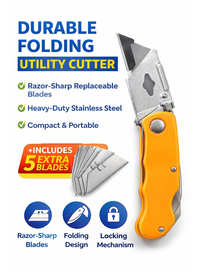 Folding Utility Cutter with 5 Replacement Blades – Heavy Duty Metal Box Cutter Knife with Sharp Blade for Foam Leather Paper Plastic - Image 2