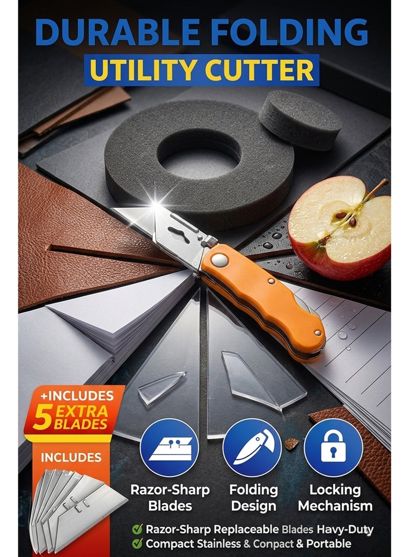 Folding Utility Cutter with 5 Replacement Blades – Heavy Duty Metal Box Cutter Knife with Sharp Blade for Foam Leather Paper Plastic - Image 3