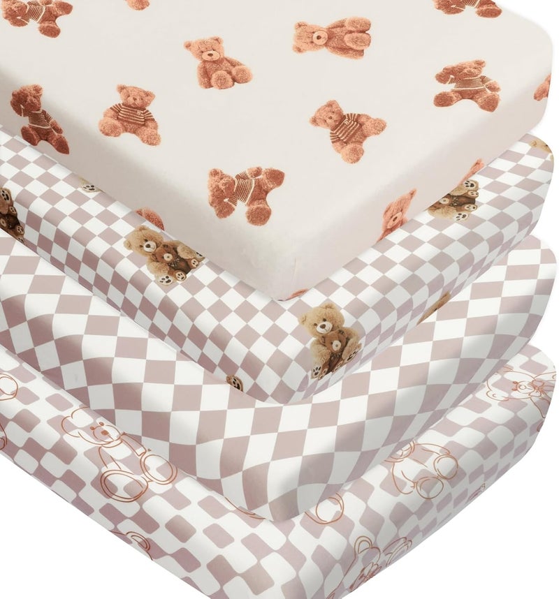 FIGEPO Fitted Baby Neutral Crib Sheets Bear and Buffalo Check Plaid Breathable Unisex Baby Standard Crib Sheet Set for Boys or Girls - Image 1