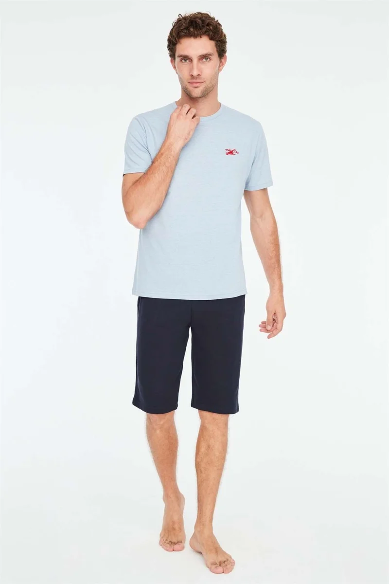 مود كولكشن - Men's Blue Melange T-Shirt Shorts Set