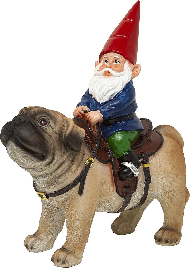 Funny Guy Mugs Garden Gnome Statue - Gnome Riding a Pug - Indoor/Outdoor Garden Gnome Sculpture for Patio, Yard or Lawn - Image 1