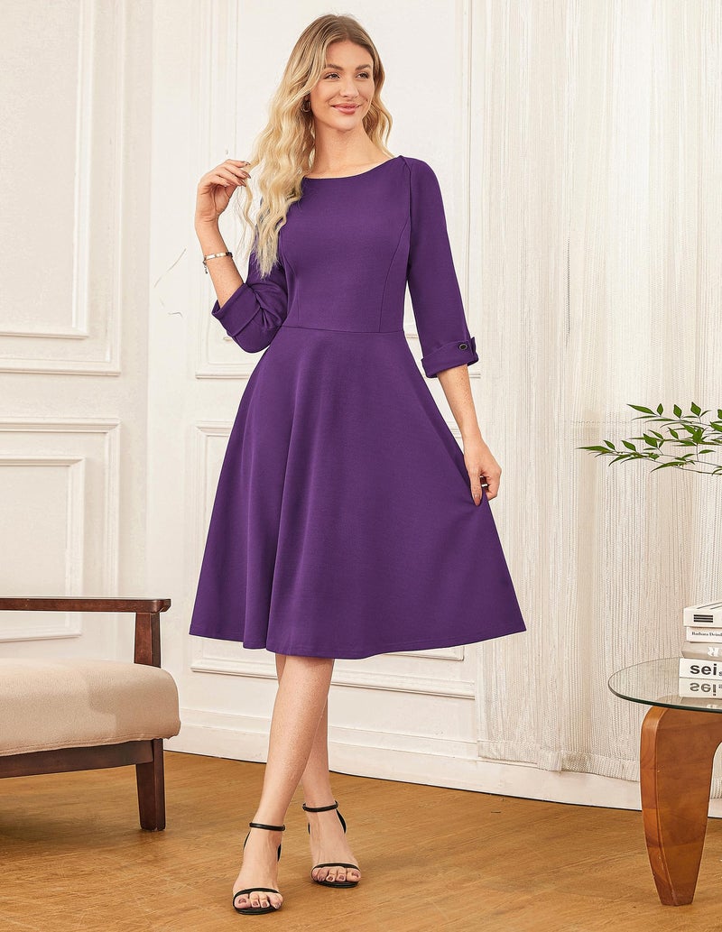 GRACE KARIN Women's Fit and Flare Work Dress 2026 3/4 Sleeve Elegant Cocktail Dresses Church Office Dress Purple L - Image 2