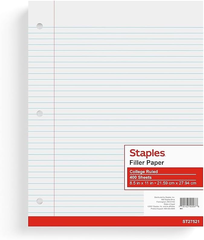 Staples College Ruled Filler Paper 85 x 11 White Pack of 400 Sheets ST27521 - Image 1