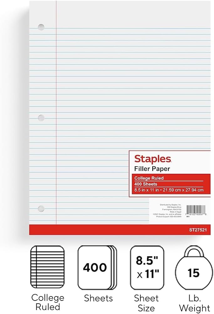 Staples College Ruled Filler Paper 85 x 11 White Pack of 400 Sheets ST27521 - Image 2