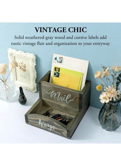 MyGift Vintage Gray Solid Wood Mail Holder And Key Organizer Entryway Storage Tray With Cursive Mail And Keys Word Design Office Desktop Organizing Bin  - Image 2