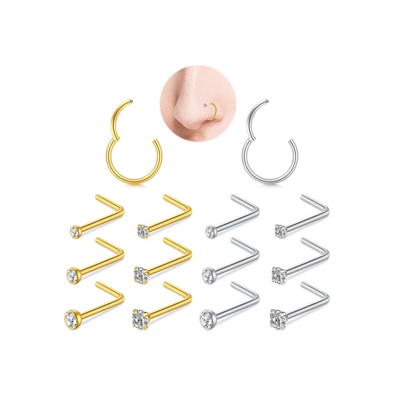 Mayhoop Nose Rings Hoops and Nose Rings Studs Sets for Women Men,Hypoallergenic 316L Surgical Steel Hinged Clicker Segment Helix Cartilage Daith Tragus Earrings Silver Gold L Shape Nose Studs Real Body Piercing Jewelry 18G 20G - Image 1