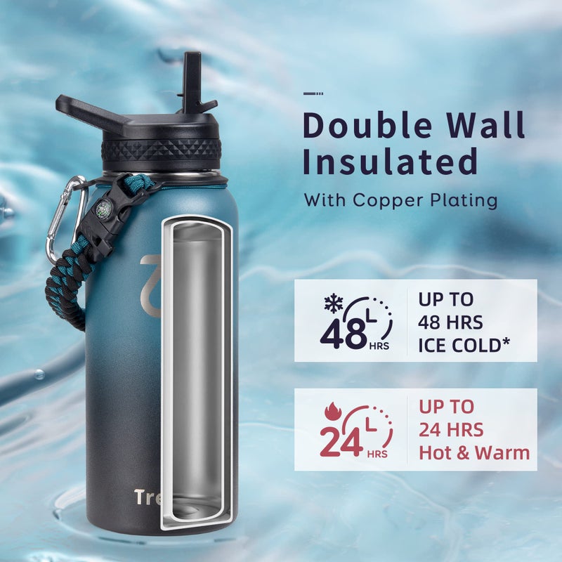 Trebo 32oz Water Bottle Insulated with Lid and Straw Double Wall Vacuum Stainless Steel Metal Tumbler Sports Flask with Paracord Handle  Keep Cold 48 Hours Water Cup with 3 Lids  Indigo/Black - Image 2