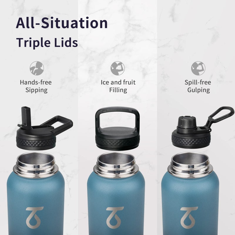 Trebo 32oz Water Bottle Insulated with Lid and Straw Double Wall Vacuum Stainless Steel Metal Tumbler Sports Flask with Paracord Handle  Keep Cold 48 Hours Water Cup with 3 Lids  Indigo/Black - Image 3
