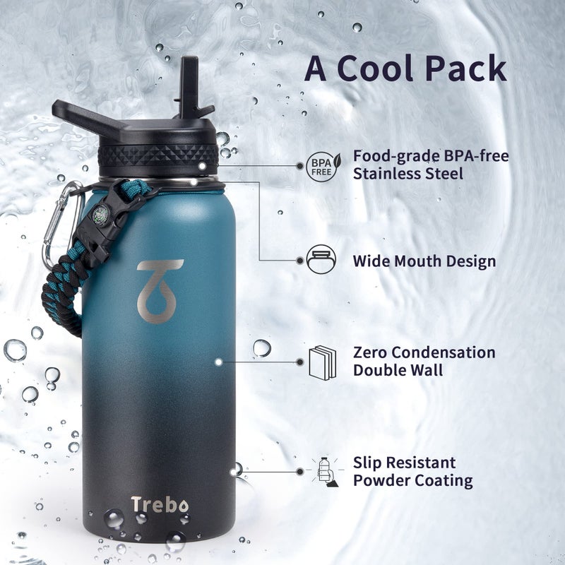 Trebo 32oz Water Bottle Insulated with Lid and Straw Double Wall Vacuum Stainless Steel Metal Tumbler Sports Flask with Paracord Handle  Keep Cold 48 Hours Water Cup with 3 Lids  Indigo/Black - Image 5