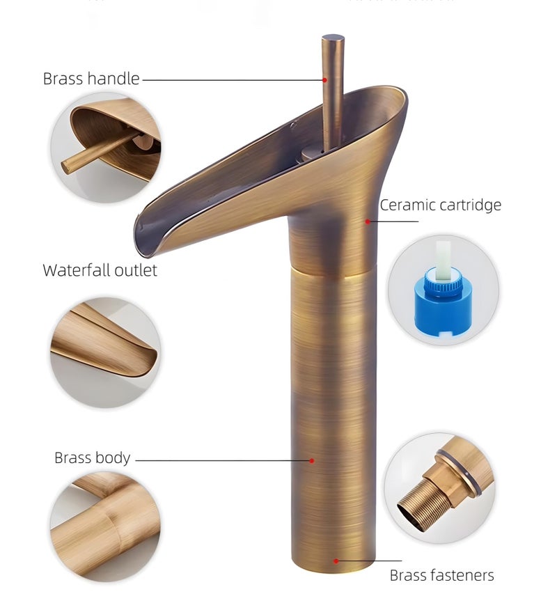 24x7 eMall Copper Antique Brown Basin Mixer Faucet Tap Waterfall 12 inches Height, Hot and Cold, for Bathroom, Toilet Wash Basins, Antique Design - Image 2