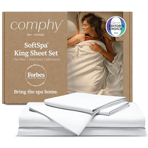 Coop Home Goods Comphy SoftSpa Bed Sheet Set of 4 Pieces White King Super Soft King Sheets Flat and Fitted Luxury Spa and Hotel Quality Bed Sheets and Pillowcase Set