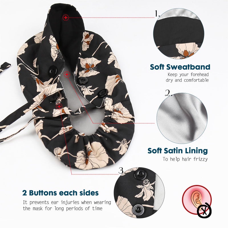 Yuest Satin Lined Scrub Caps with Buttons & Sweathand, Surgical Caps for Women - Image 2